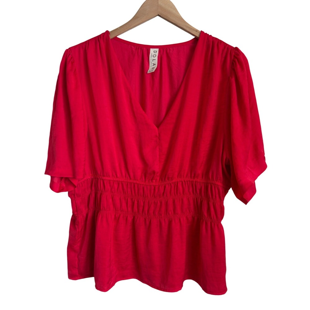 Dolan Smocked Waist Peplum Blouse Red V-Neck Flutter Sleeve XL Holiday Party